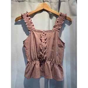 E&M Womens Dusty Rose Ruffle Peplum Top Square Neck Sleeveless Small